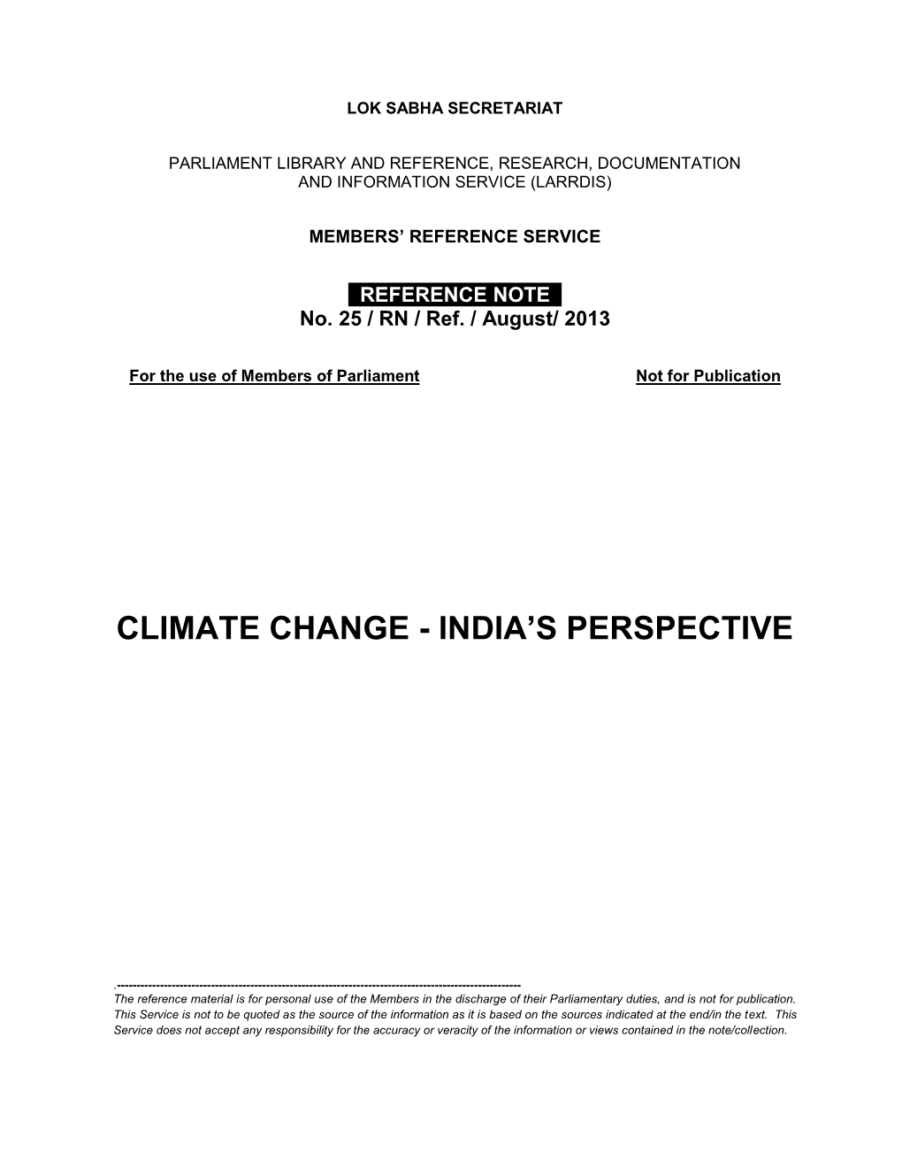 Climate Change - India’S Perspective