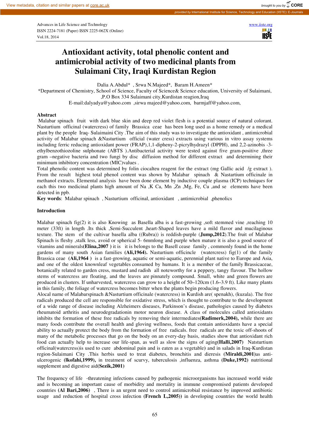 Antioxidant Activity, Total Phenolic Content and Antimicrobial Activity of Two Medicinal Plants from Sulaimani City, Iraqi Kurdistan Region