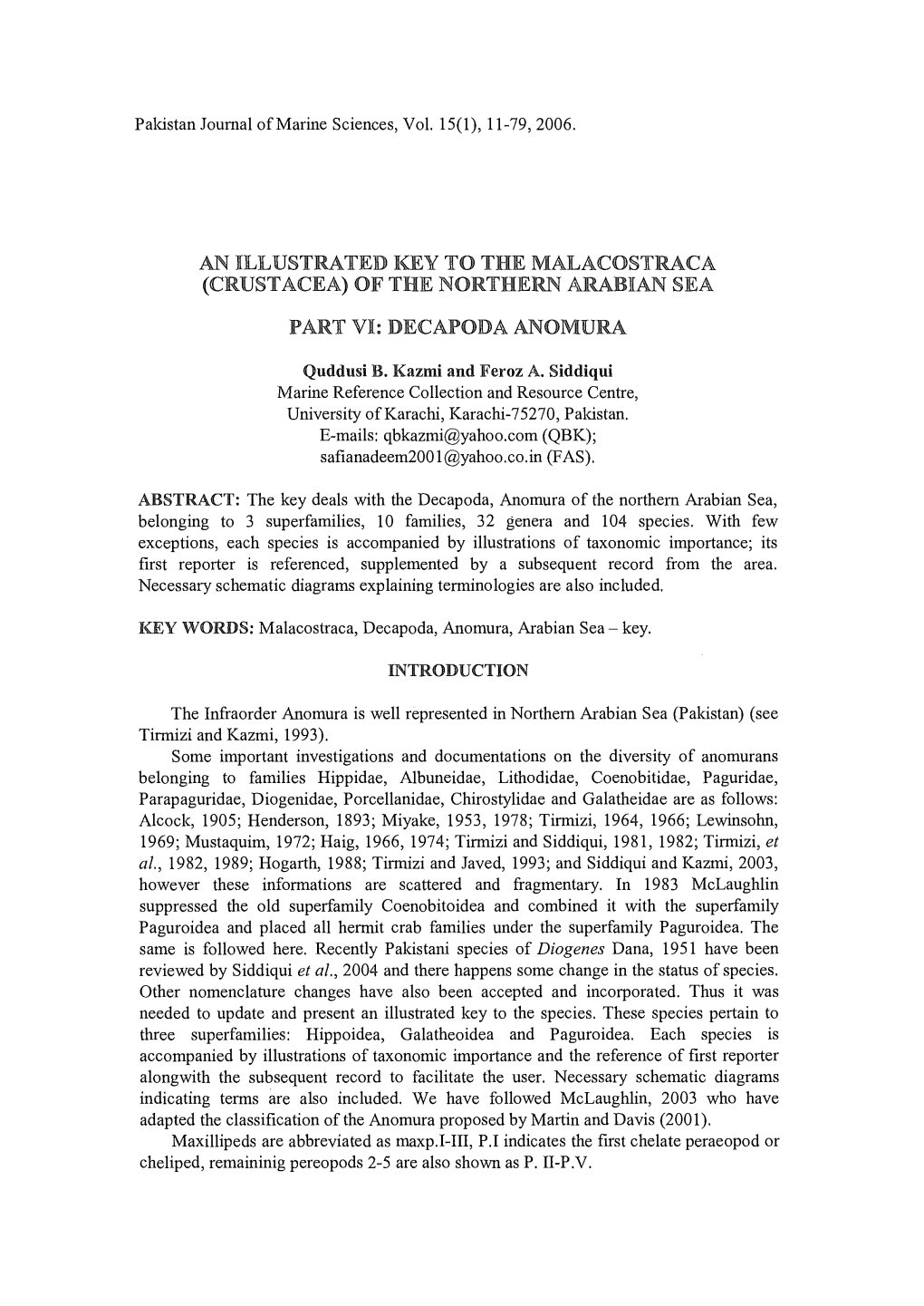 An Illustrated Key to the Malacostraca (Crustacea) of the Northern Arabian Sea