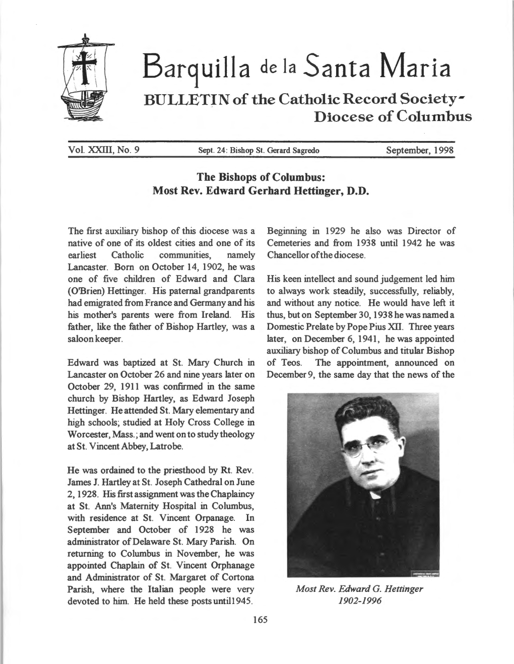 Barquilla De Ia Santa Maria BULLETIN of the Catholic Record Society­ Diocese of Columbus