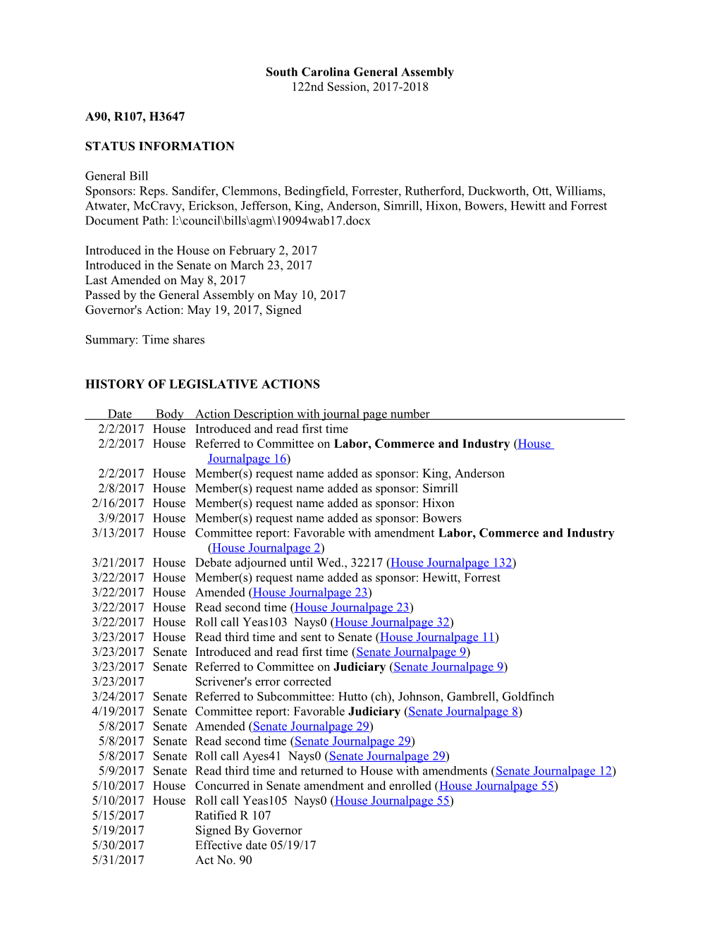 2017-2018 Bill 3647: Time Shares - South Carolina Legislature Online