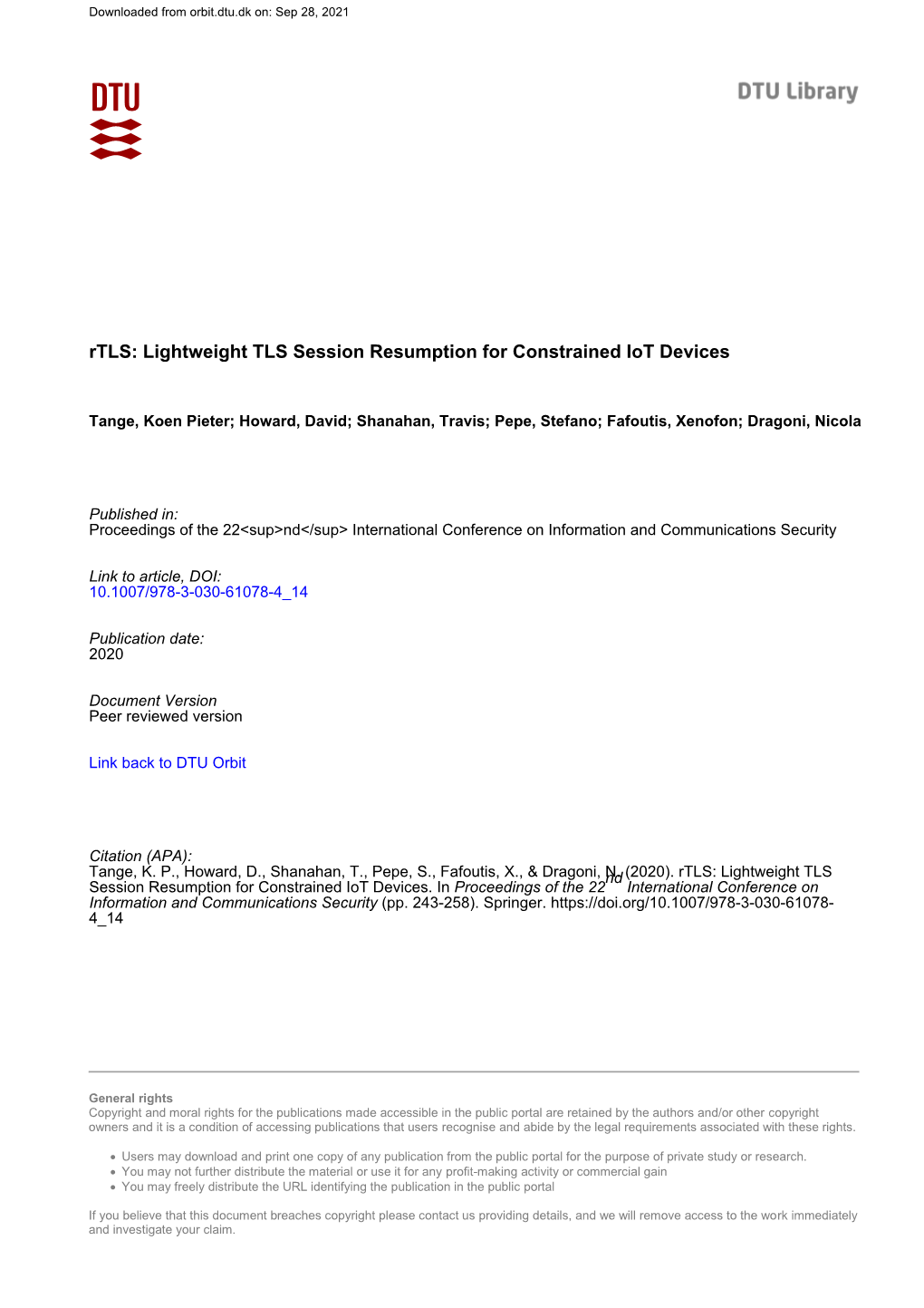 Lightweight TLS Session Resumption for Constrained Iot Devices