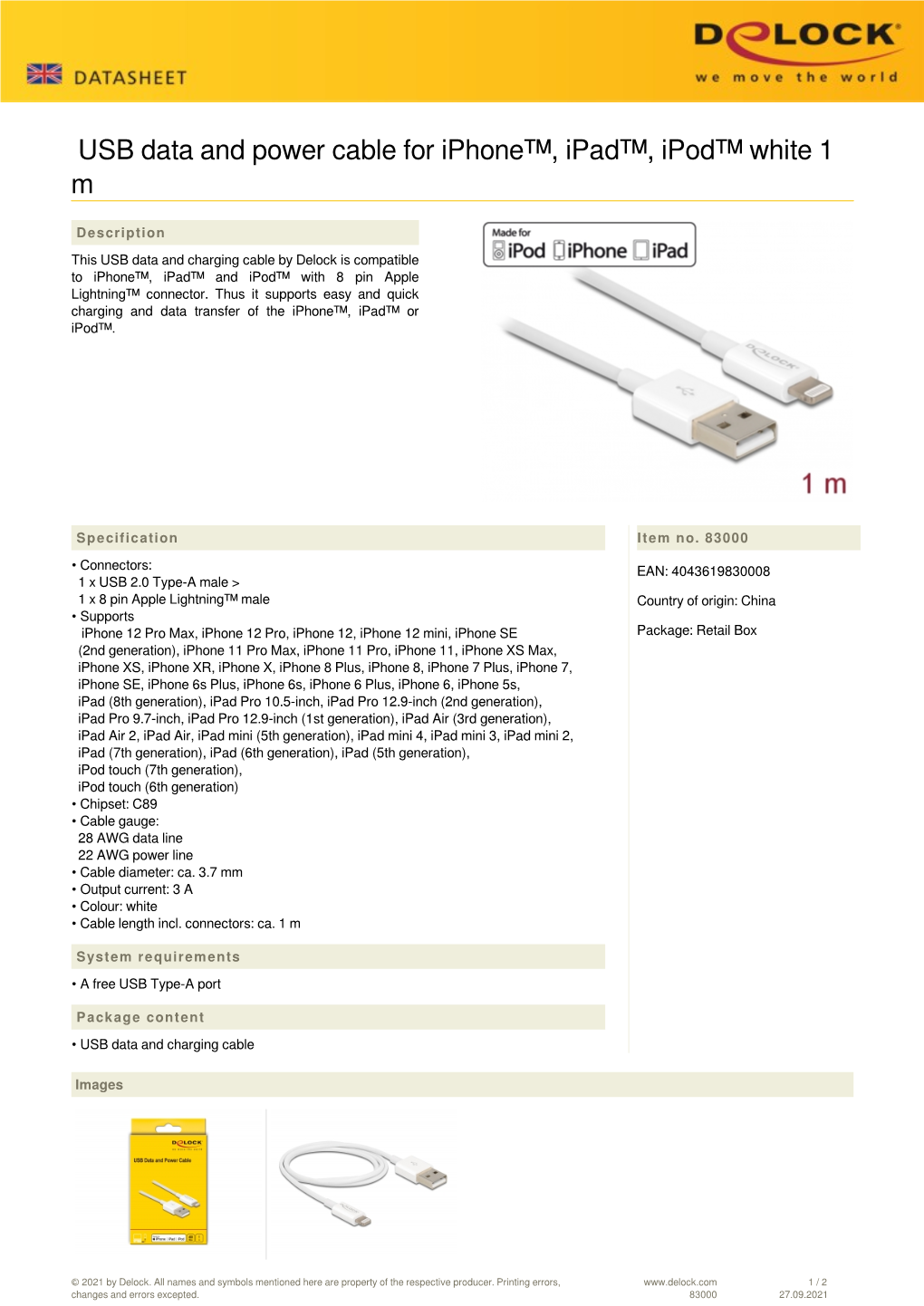 USB Data and Power Cable for Iphone™, Ipad™, Ipod™ White 1 M