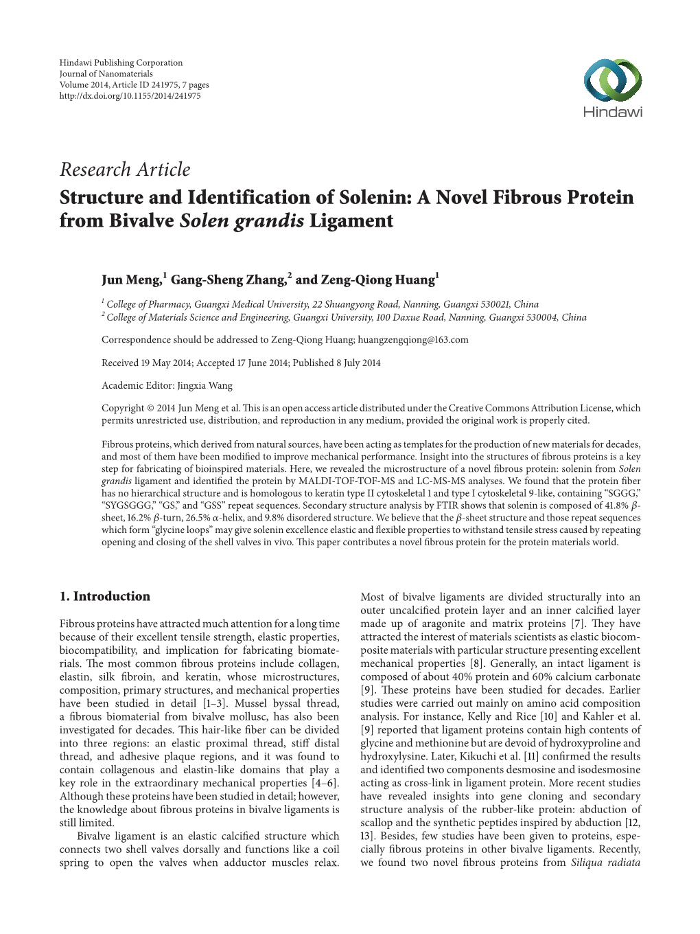 Structure and Identification of Solenin: a Novel Fibrous Protein from Bivalve Solen Grandis Ligament