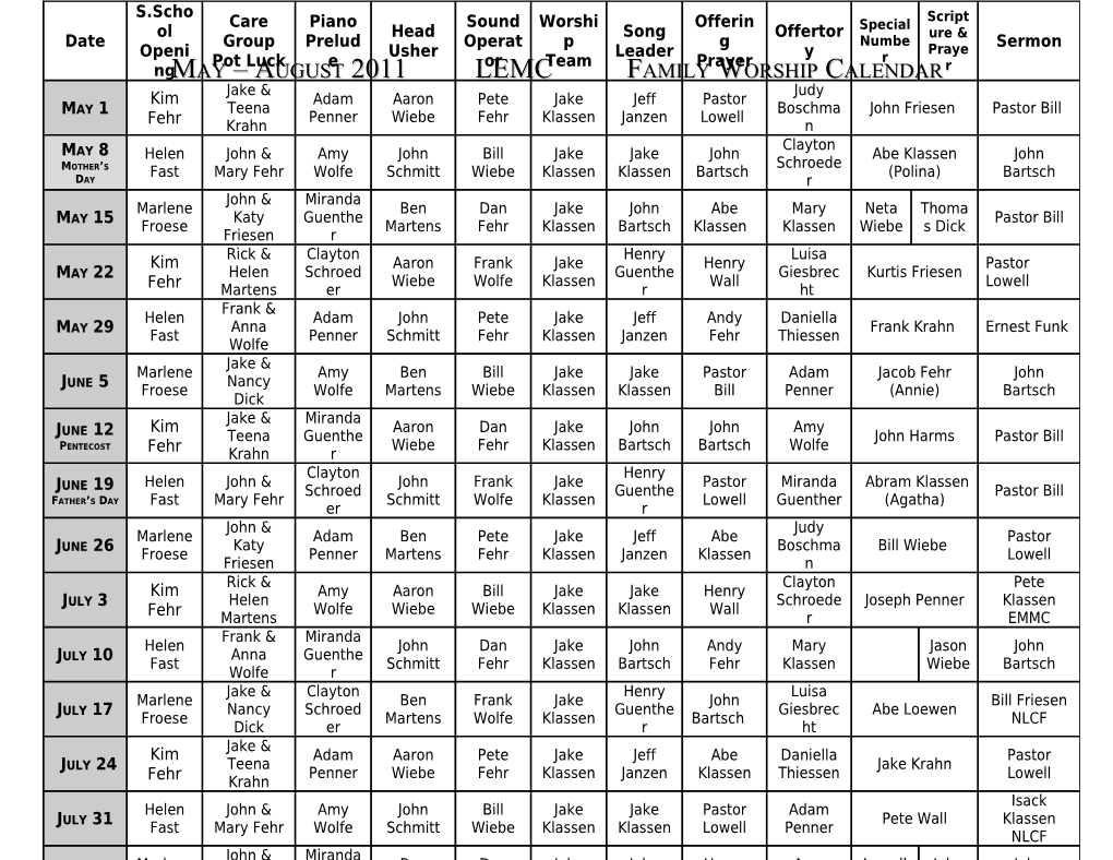 May August 2011 LEMC Family Worship Calendar