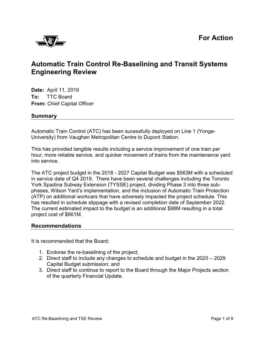 Automatic Train Control Re-Baselining and Transit Systems Engineering Review