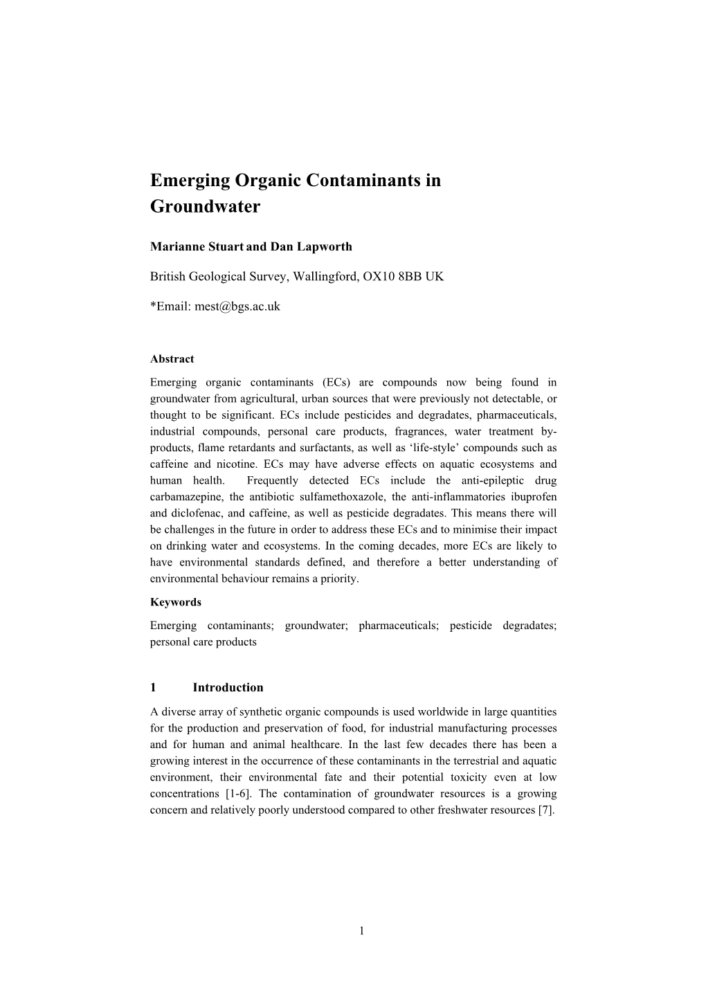 Emerging Organic Contaminants in Groundwater