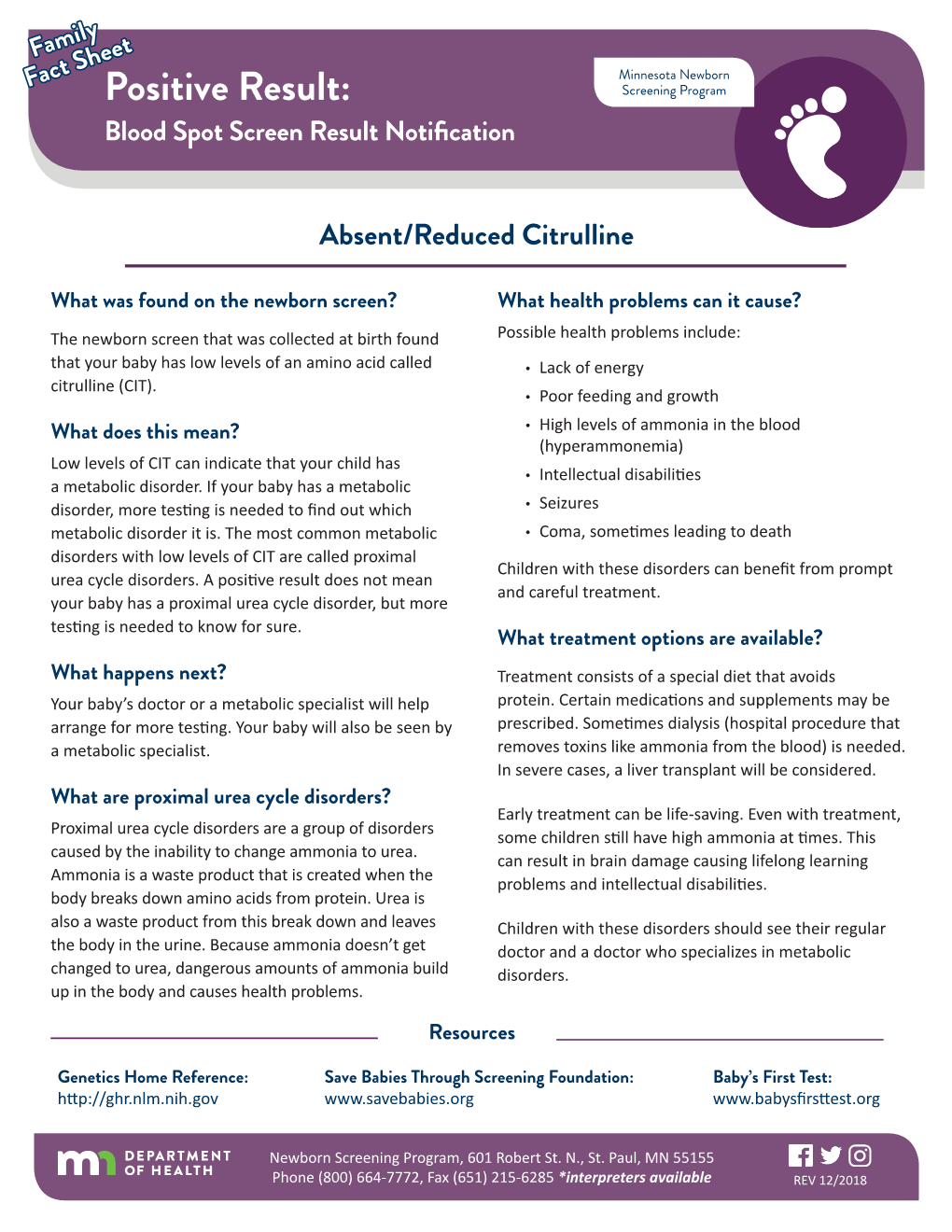 Absent/Reduced Citrulline Family Fact Sheet