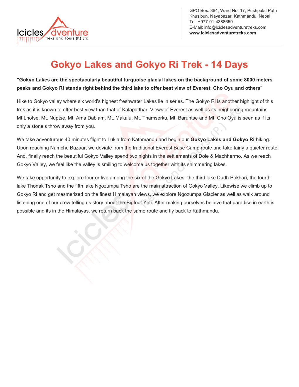 Gokyo Lakes and Gokyo Ri Trek - 14 Days