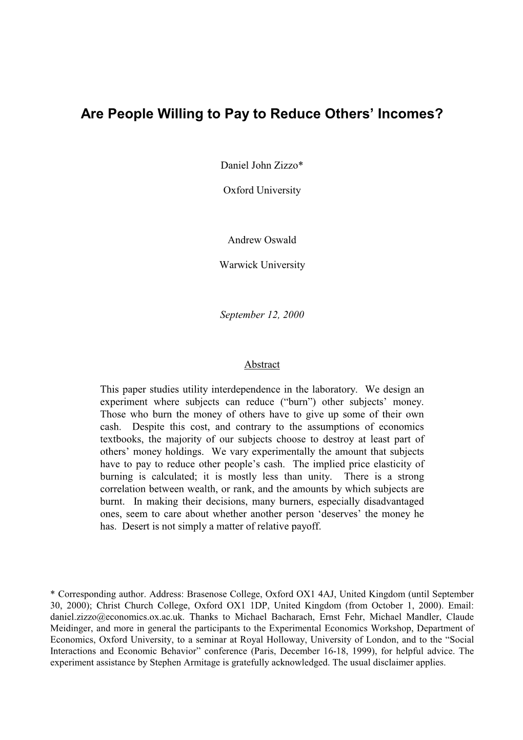 Are People Willing to Pay to Reduce Others' Incomes