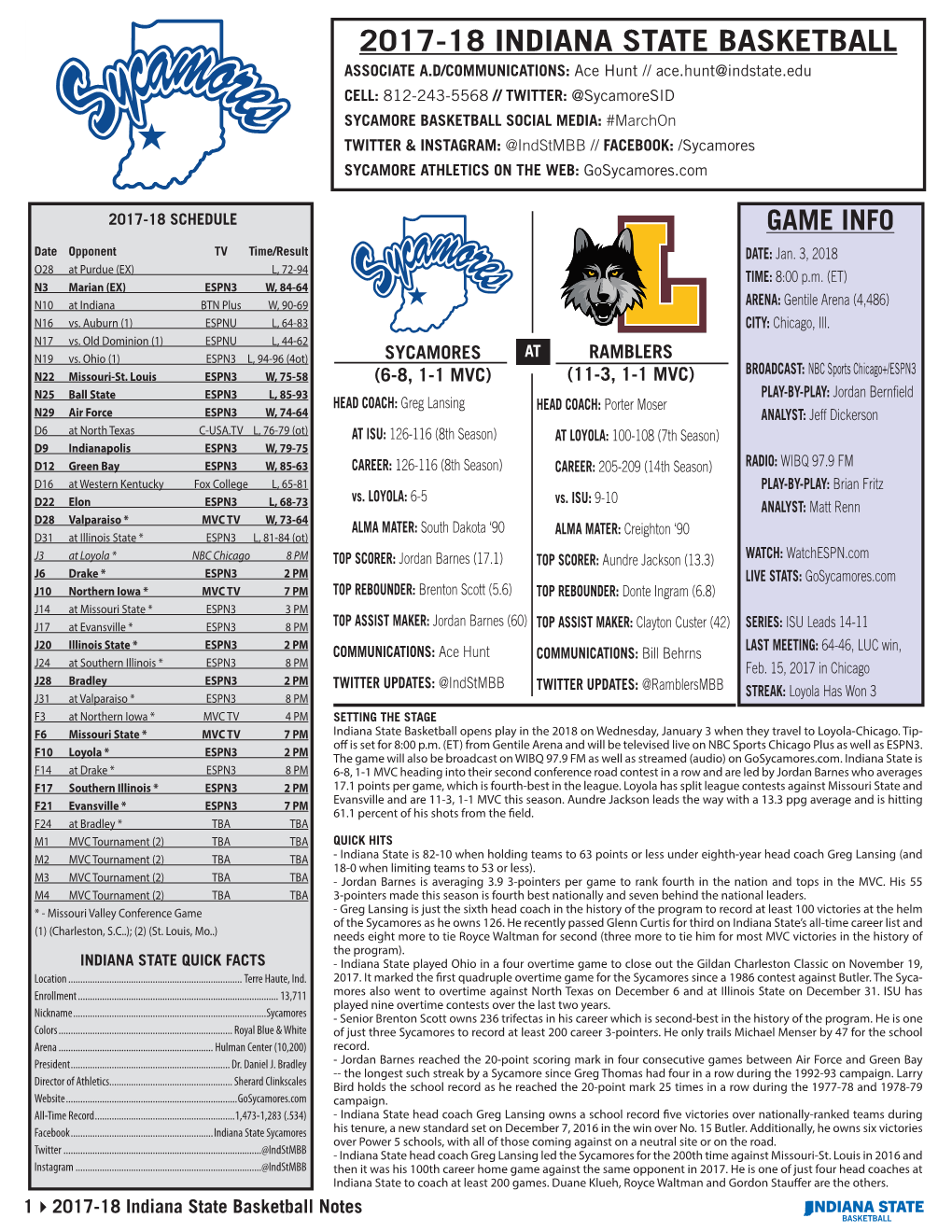 2017-18 Indiana State Basketball Notes Game 15: Indiana State at Loyola 4January 3, 2018 Communications 2017-18 Indiana State Basketball Roster No