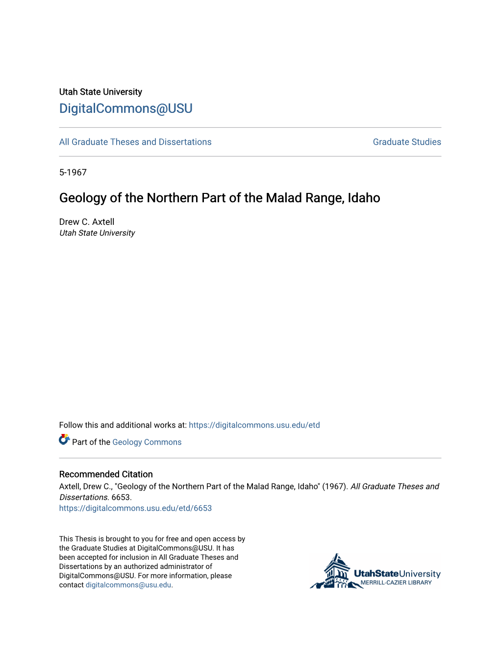 Geology of the Northern Part of the Malad Range, Idaho