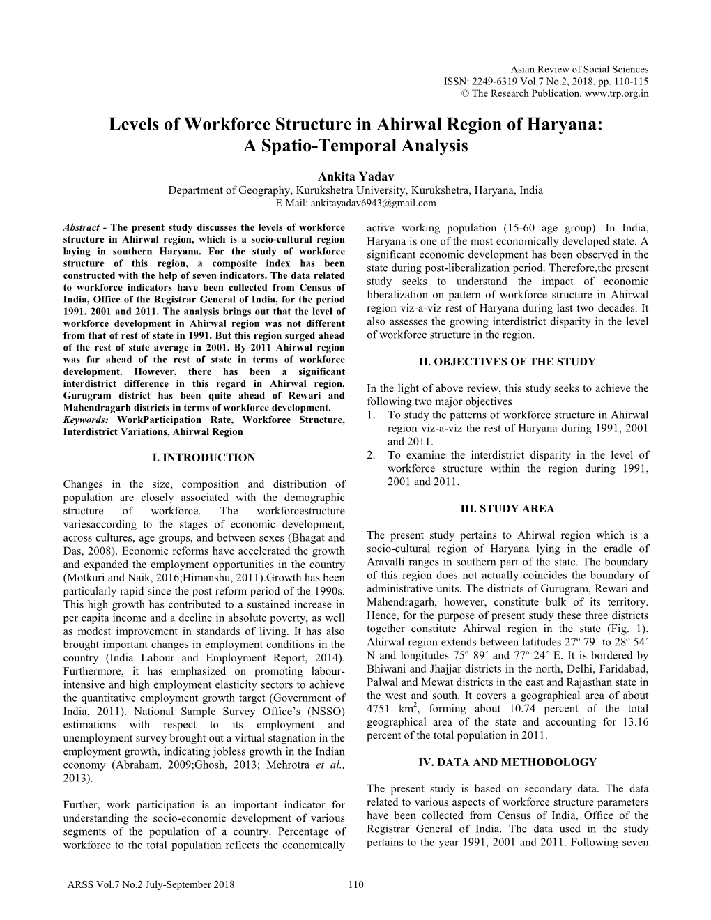 Levels of Workforce Structure in Ahirwal Region of Haryana: a Spatio-Temporal Analysis