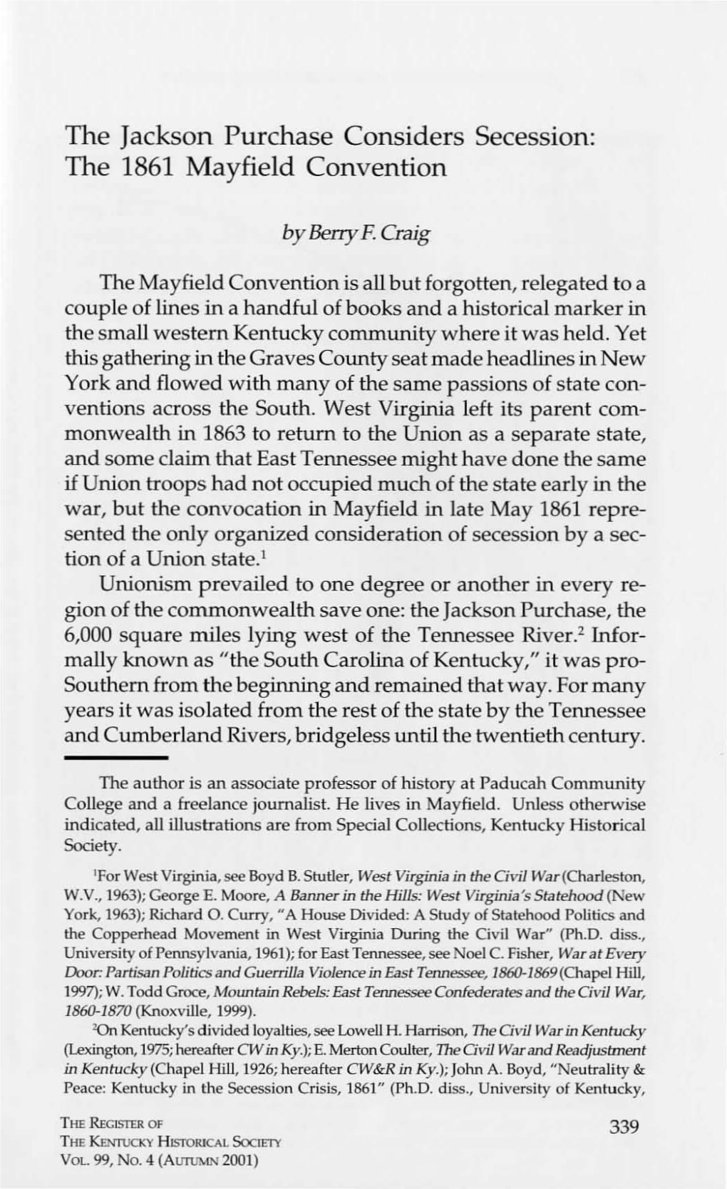 The Jackson Purchase Considers Secession: the 1861 Mayfield Convention