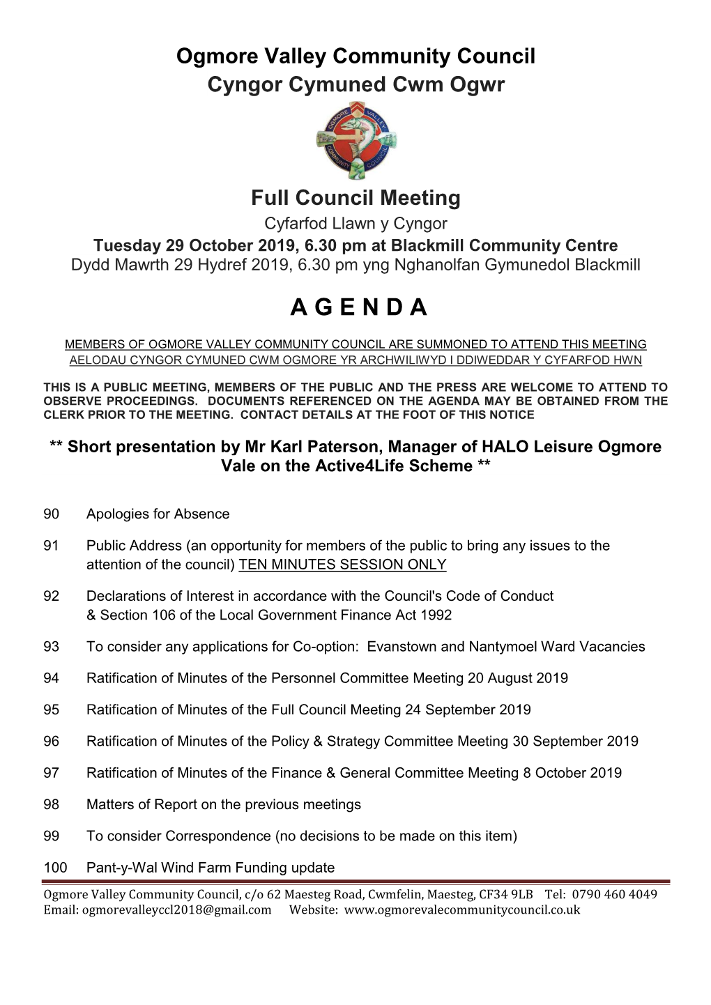 Agenda May Be Obtained from the Clerk Prior to the Meeting