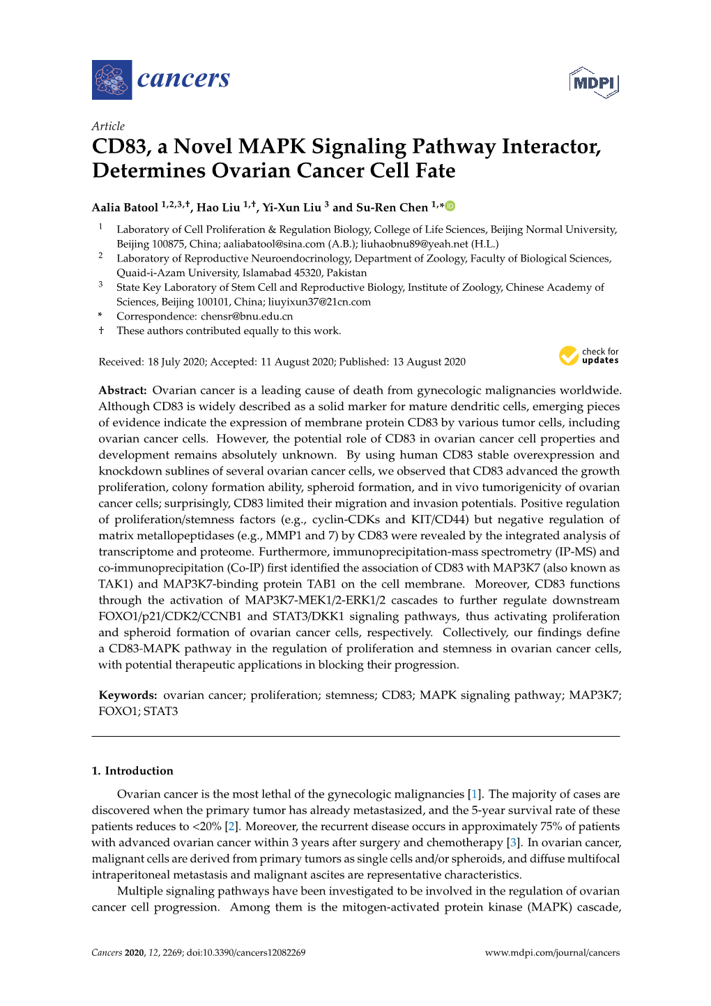 CD83, a Novel MAPK Signaling Pathway Interactor, Determines Ovarian Cancer Cell Fate