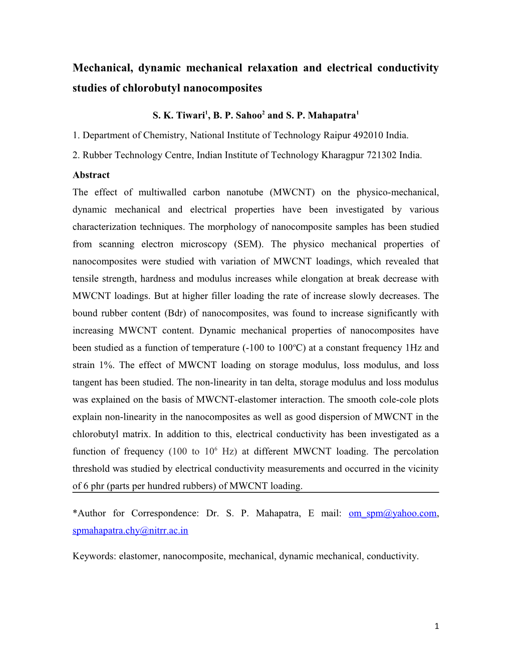 Physico-Mechanical, Bound Rubber and Swelling Properties of MWCNT Reinforced Chlorobutyl