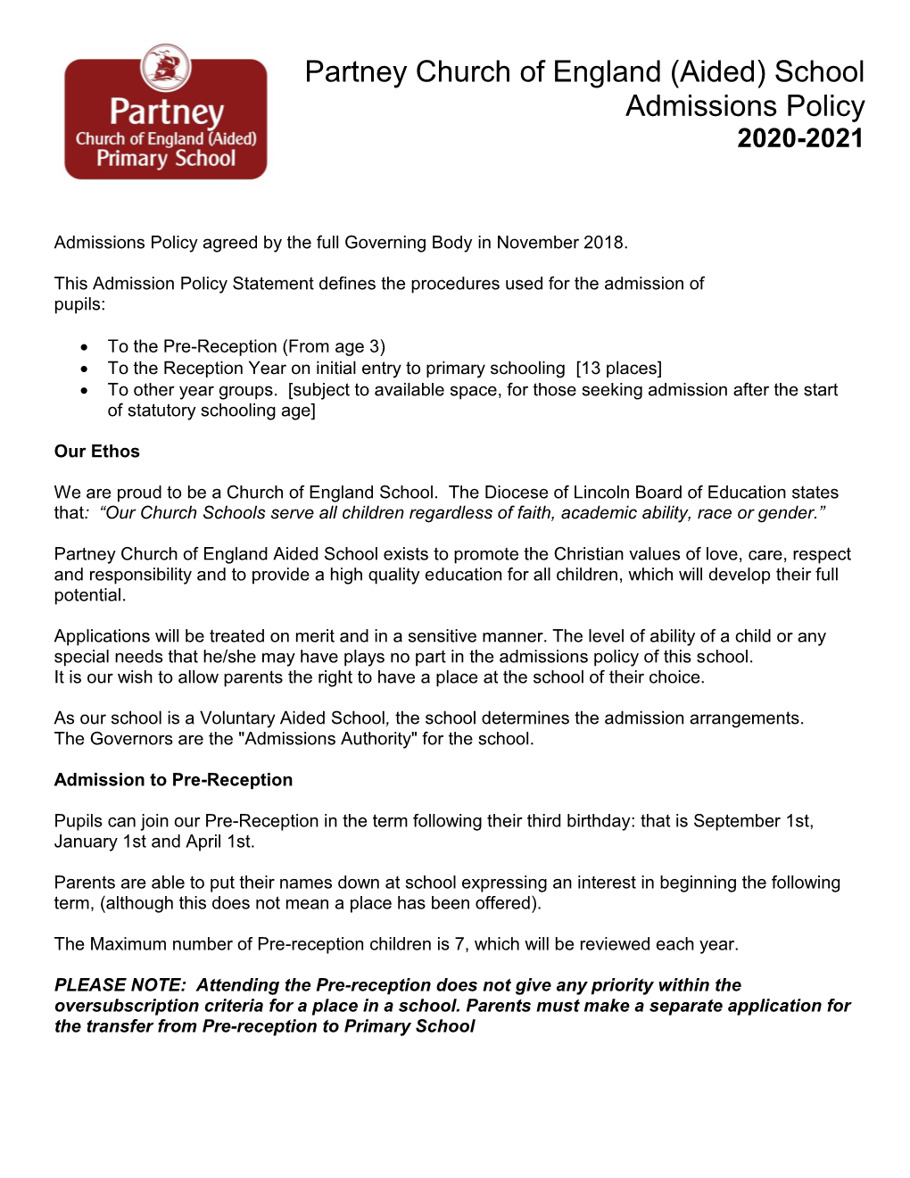 Partney CE Primary School Admissions Policy 2020-21