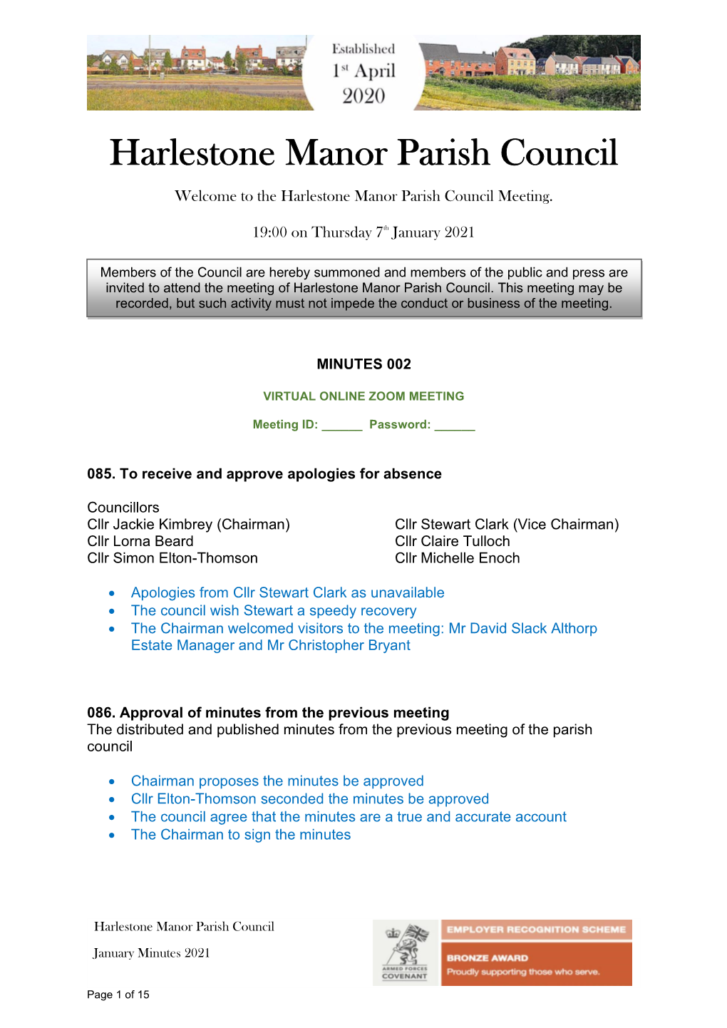 Minutes of Meeting of Harlestone Parish Council