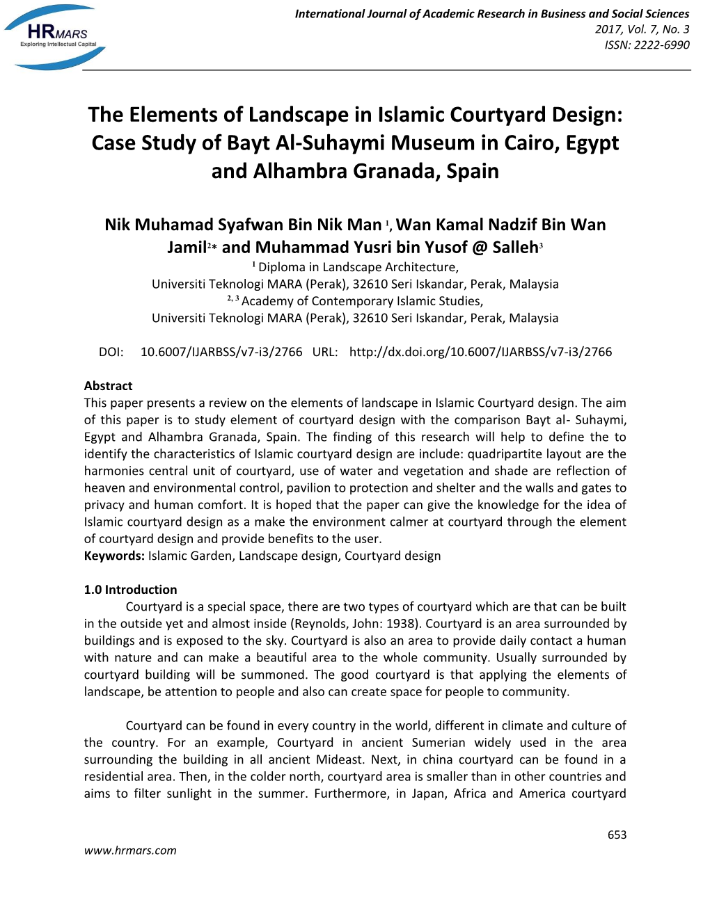 The Elements of Landscape in Islamic Courtyard Design: Case Study of Bayt Al-Suhaymi Museum in Cairo, Egypt and Alhambra Granada, Spain