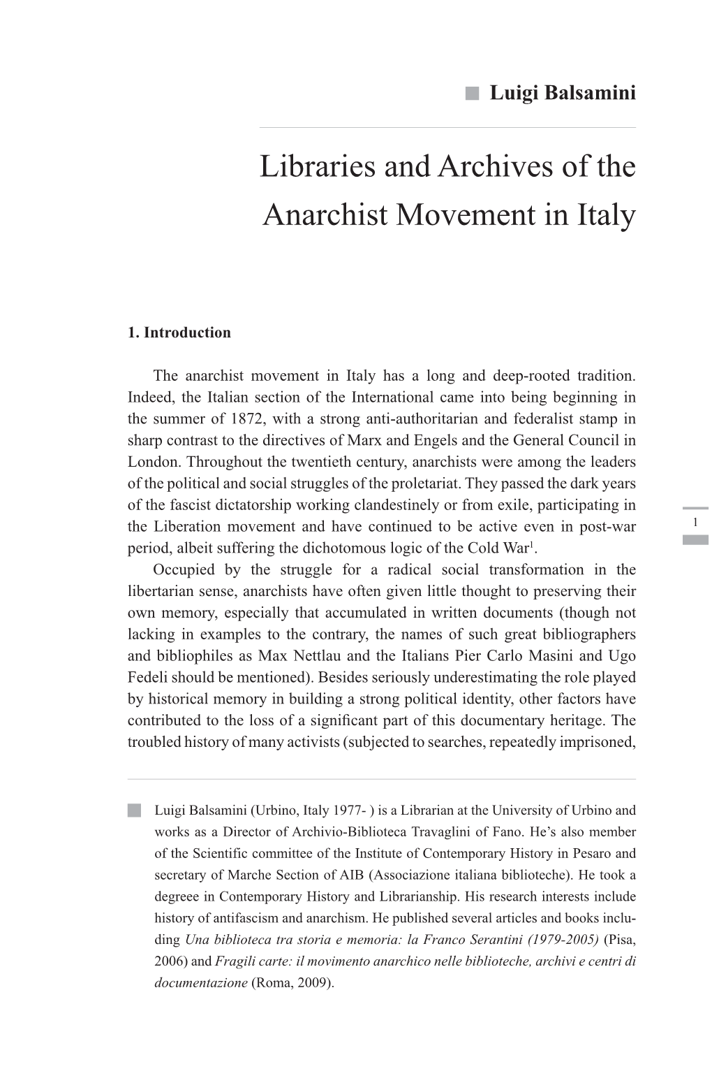 Libraries and Archives of the Anarchist Movement in Italy