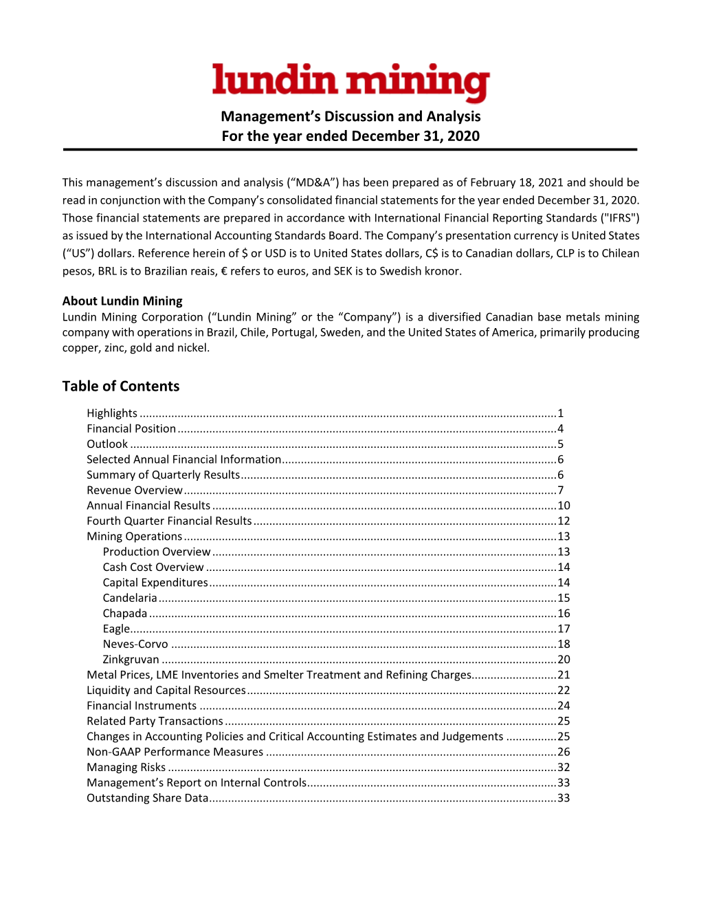 Management's Discussion and Analysis for the Year Ended December 31, 2020 Table of Contents