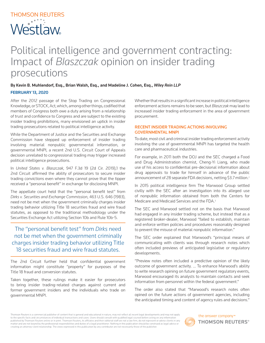 Political Intelligence and Government Contracting: Impact of Blaszczak Opinion on Insider Trading Prosecutions by Kevin B