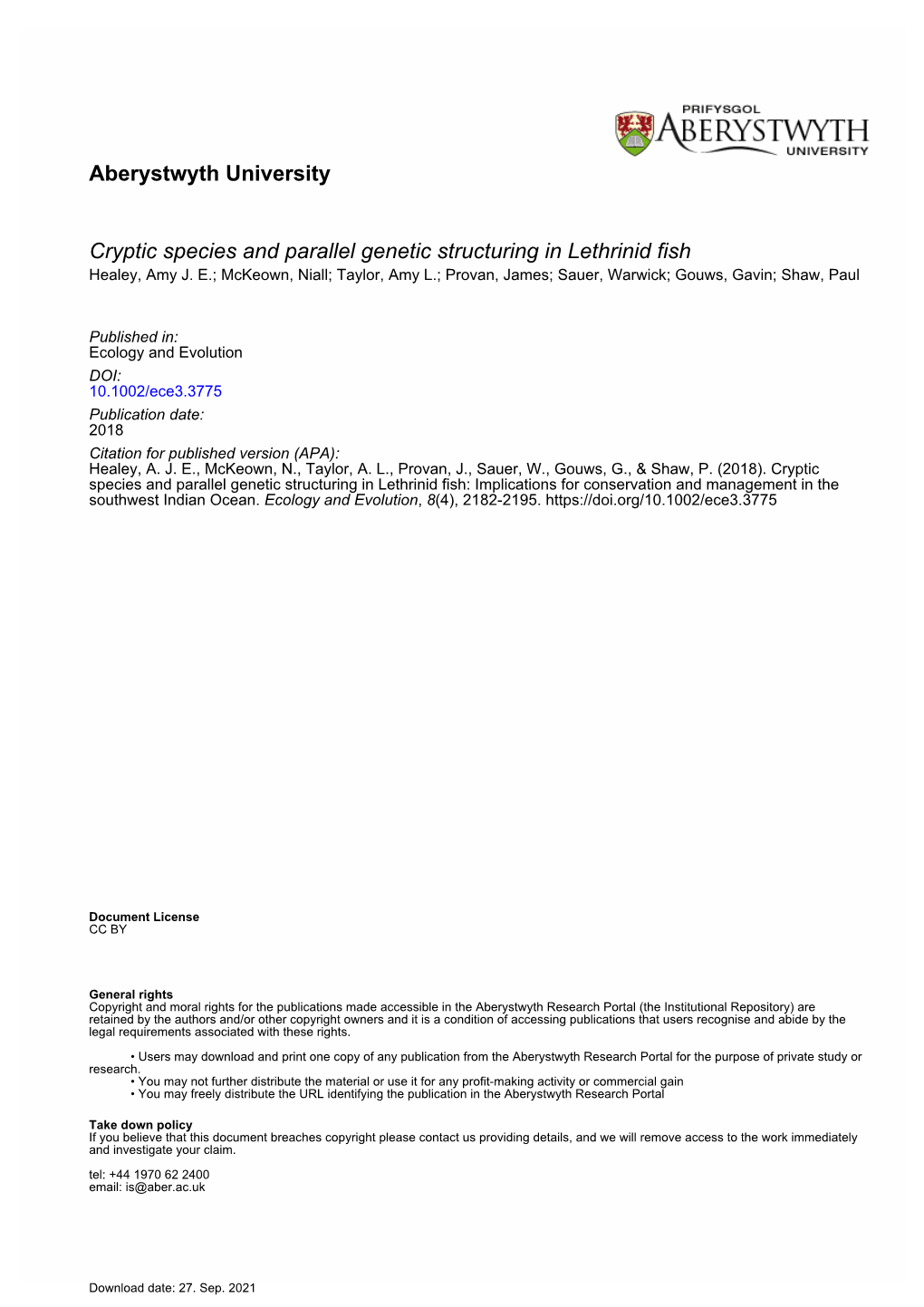 Cryptic Species and Parallel Genetic Structuring in Lethrinid Fish Healey, Amy J