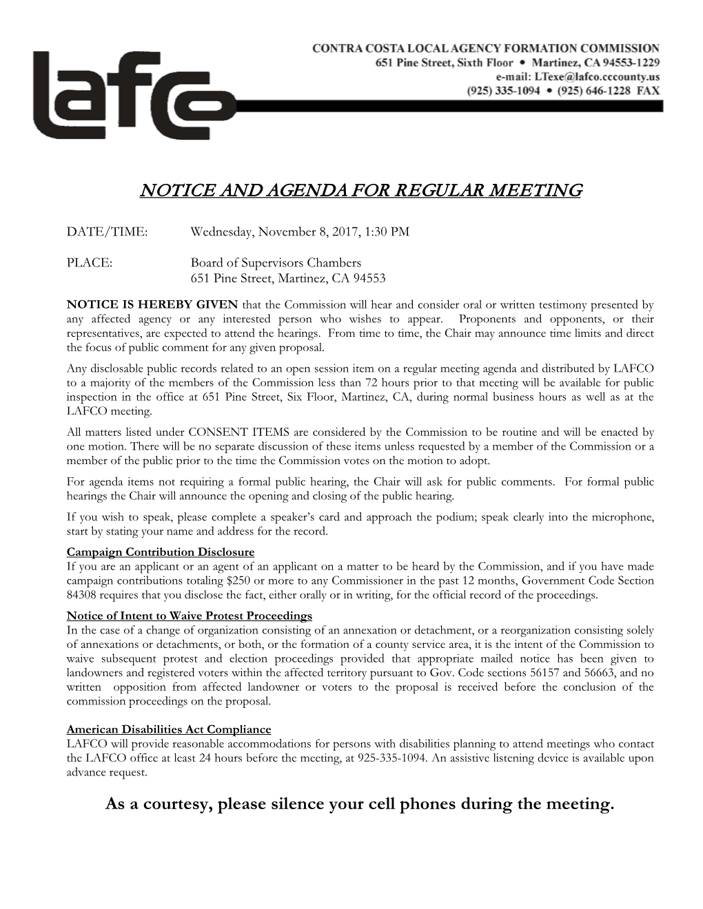 Notice and Agenda for Regular Meeting