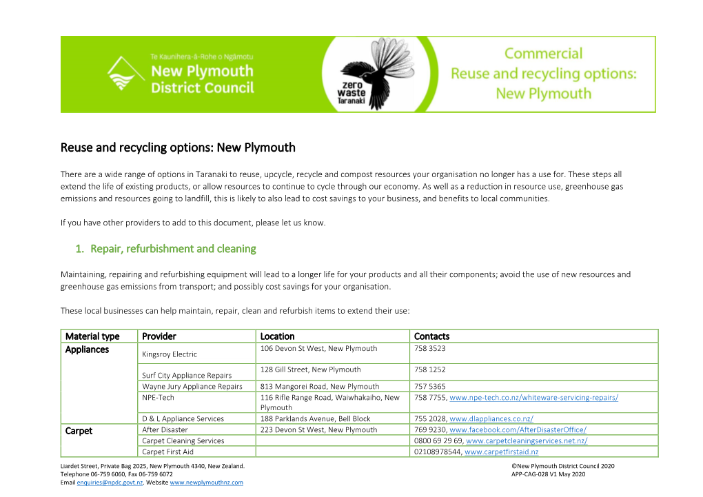 Reuse and Recycling Options: New Plymouth