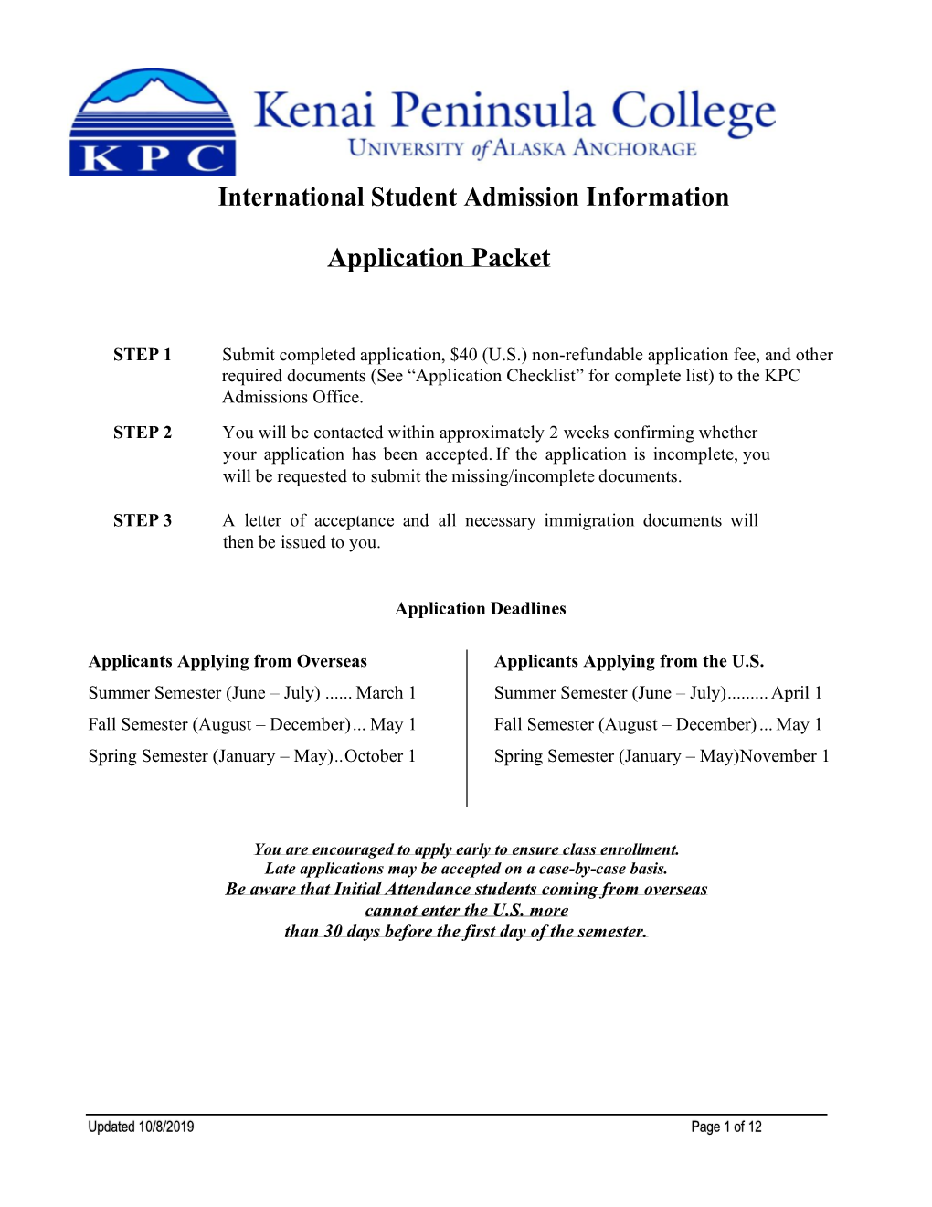 International Student Admission Information Application Packet