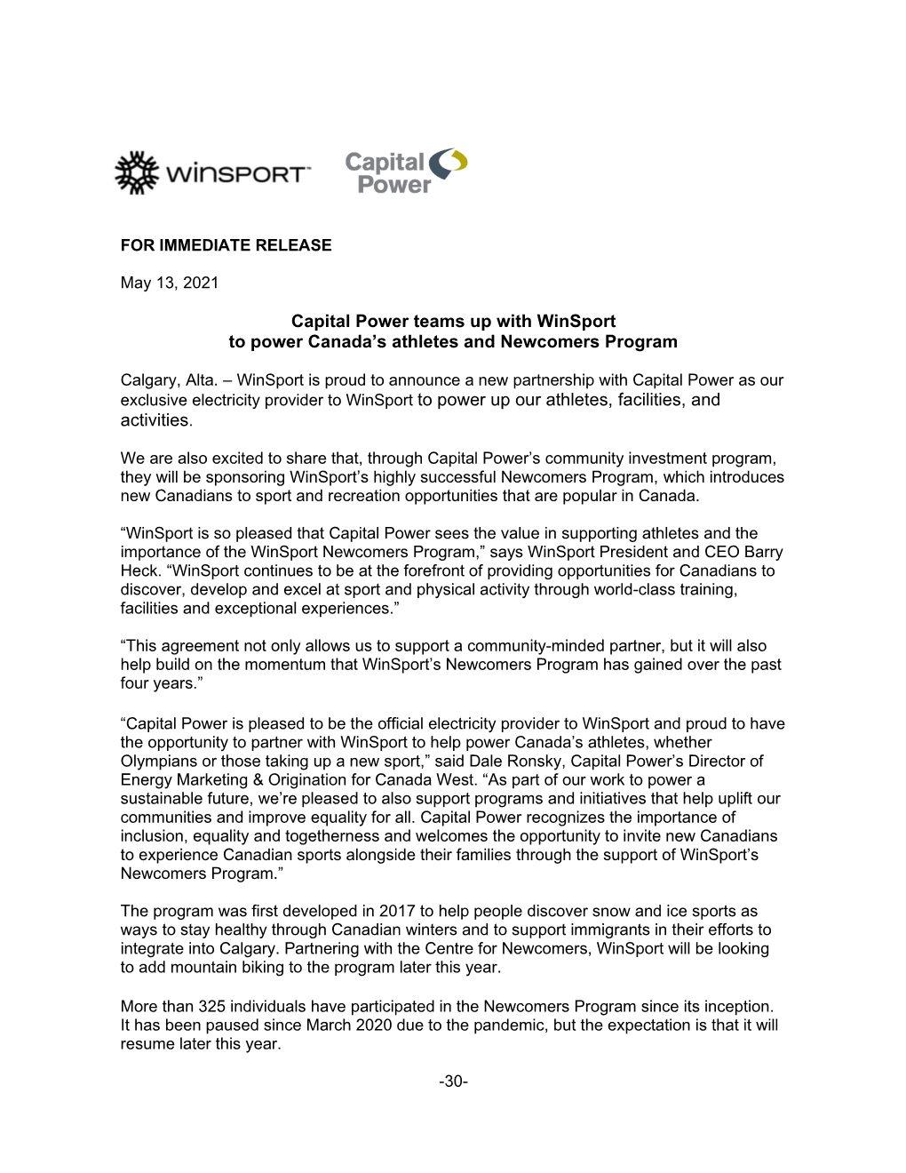 Capital Power Teams up with Winsport to Power Canada's Athletes And