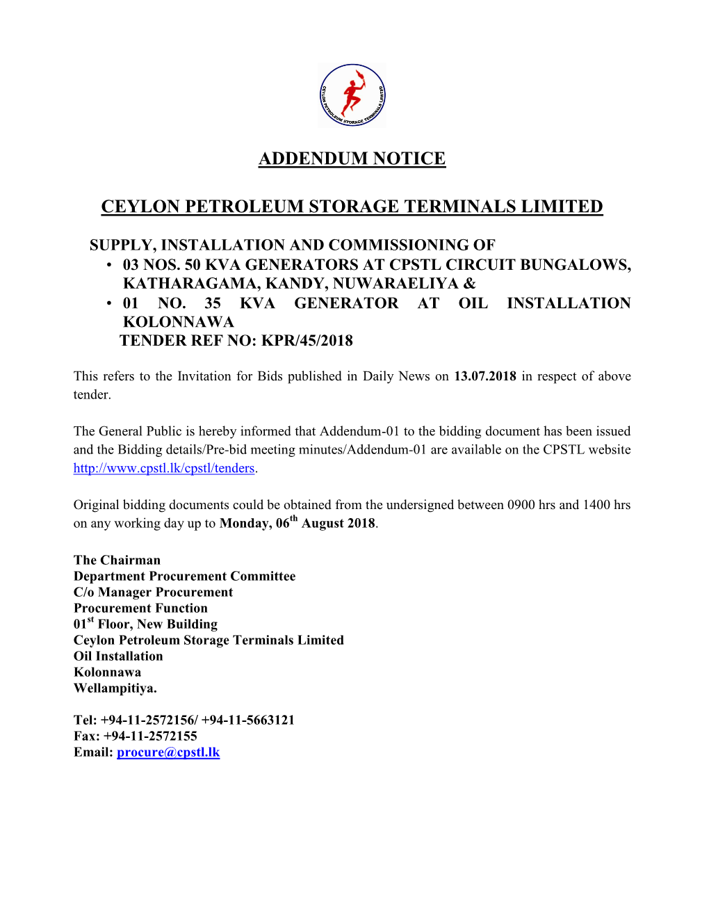 Addendum Notice Ceylon Petroleum Storage Terminals Limited