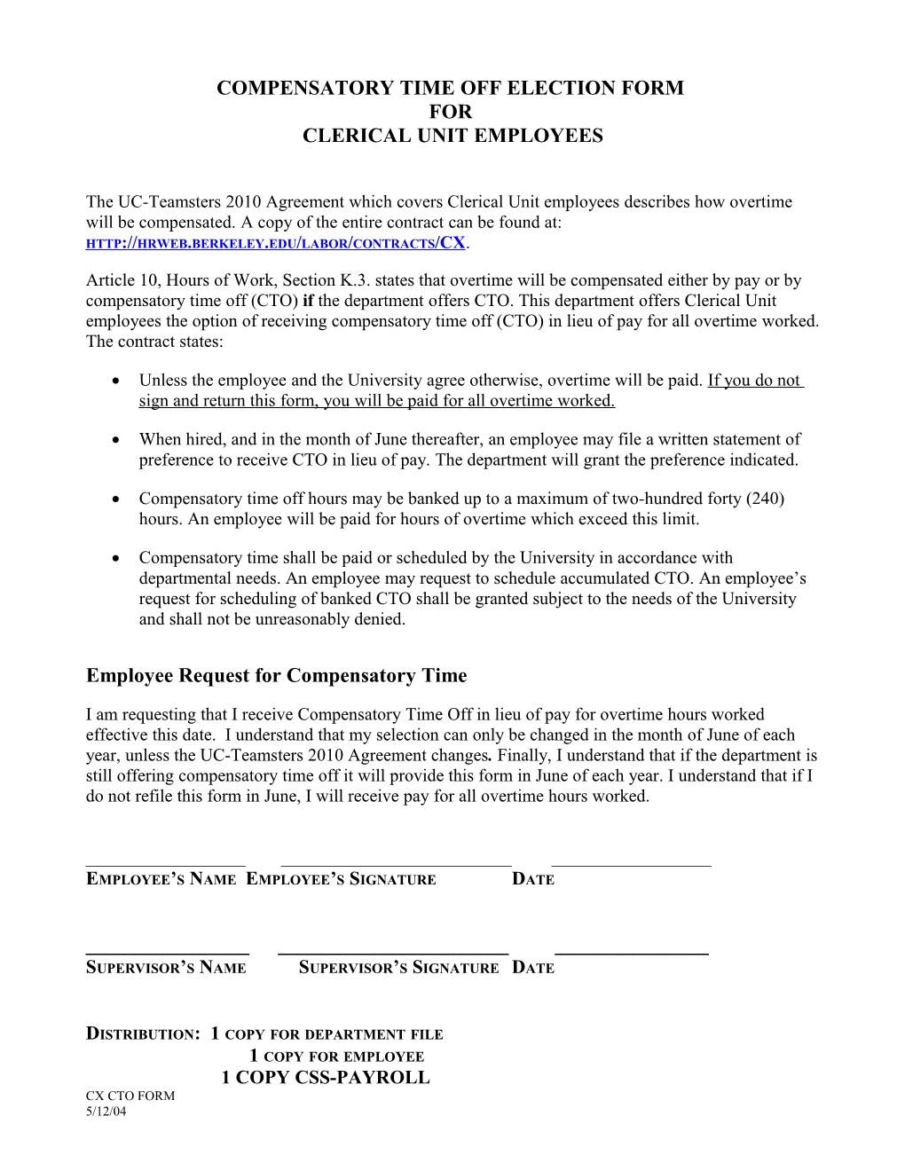 Compensatory Election Form for Clerical Unit Employees