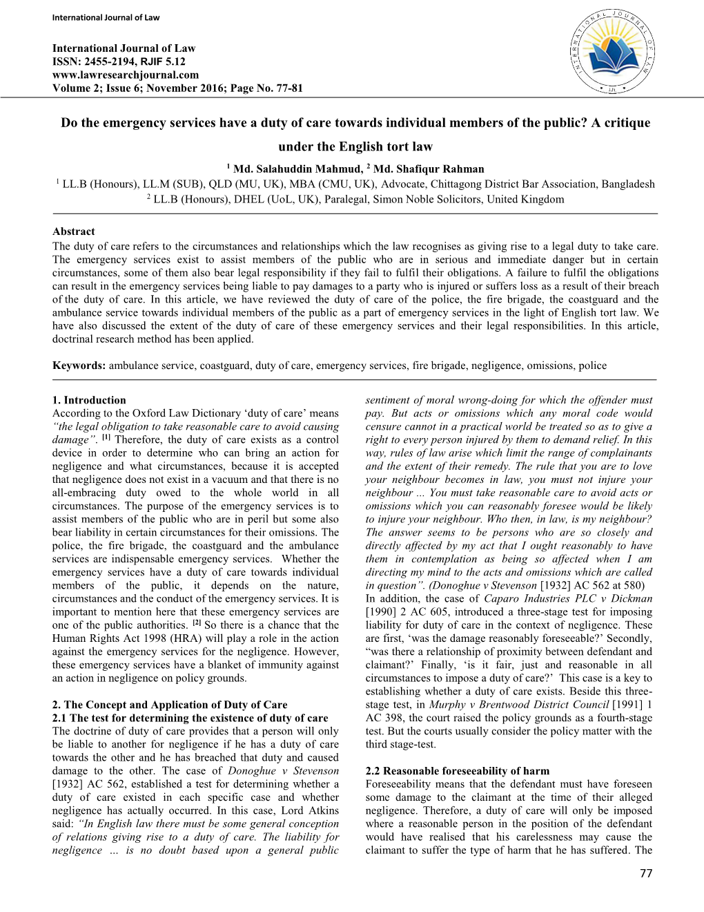 Do the Emergency Services Have a Duty of Care Towards Individual Members of the Public? a Critique Under the English Tort Law 1 Md