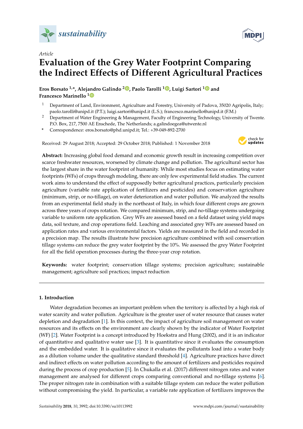 Evaluation of the Grey Water Footprint Comparing the Indirect Effects of Different Agricultural Practices