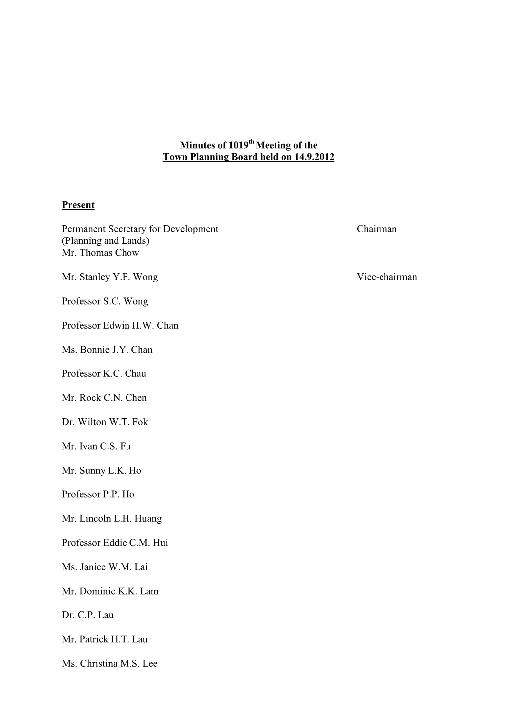 Minutes of 1019 Meeting of the Town Planning Board Held on 14.9.2012