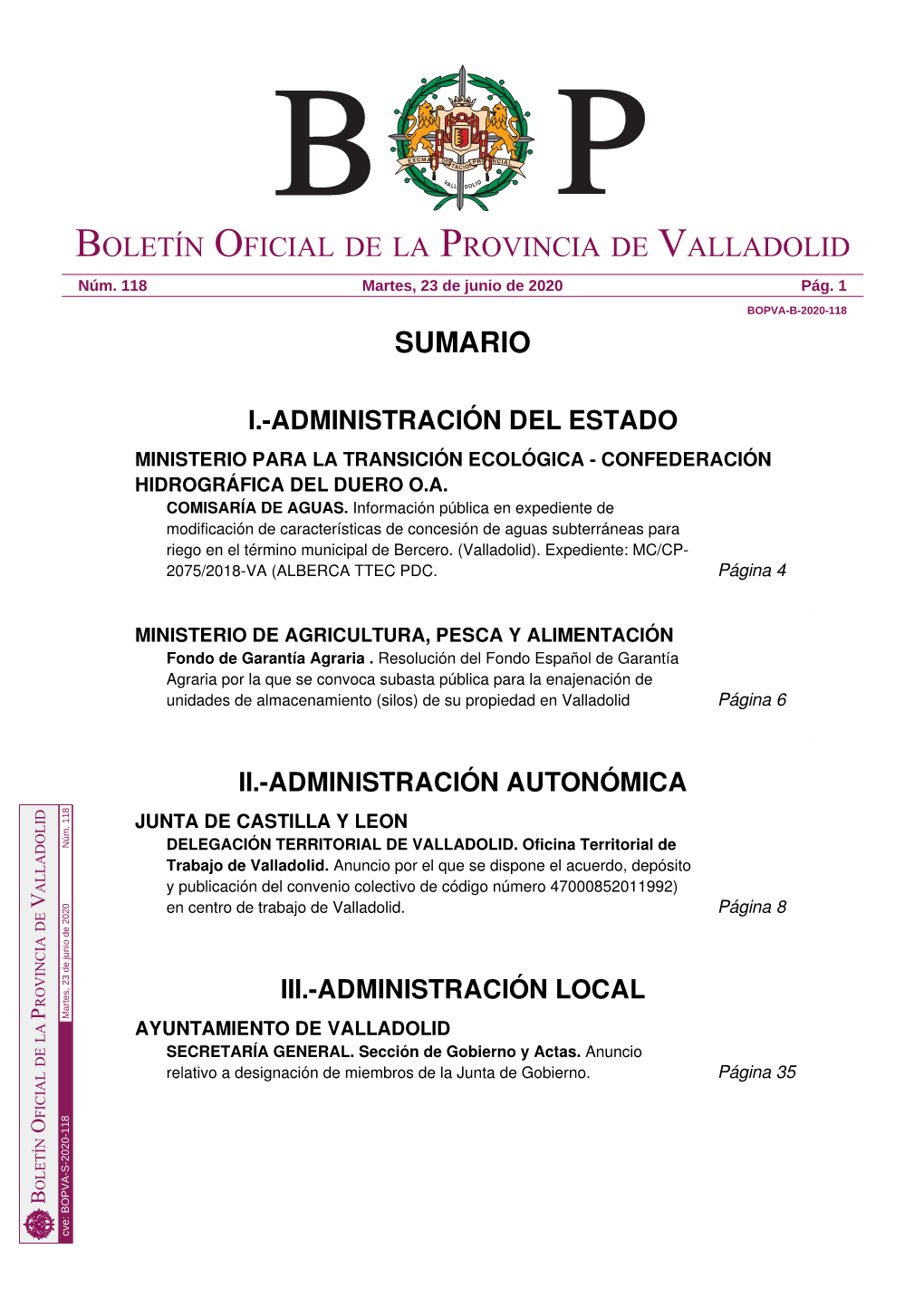 Sumario Boletín Oficial De La Provincia De Valladolid