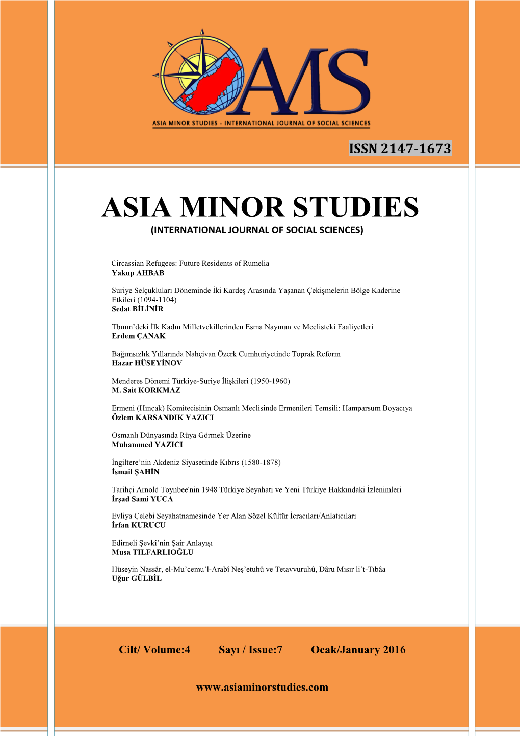 Asia Minor Studies (International Journal of Social Sciences)