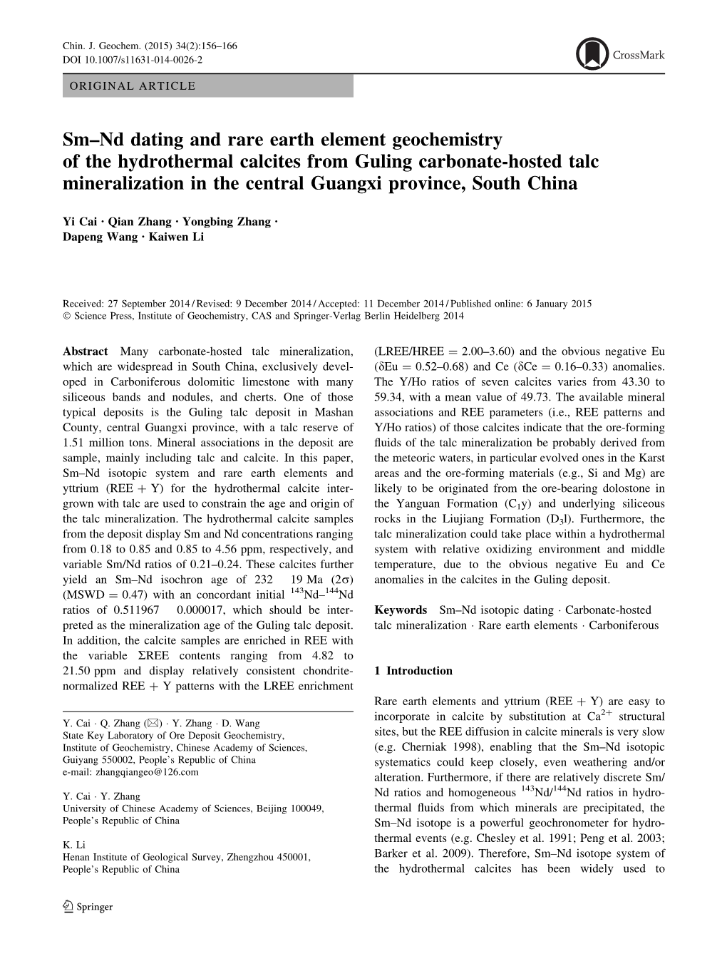 Sm–Nd Dating and Rare Earth Element Geochemistry of the Hydrothermal