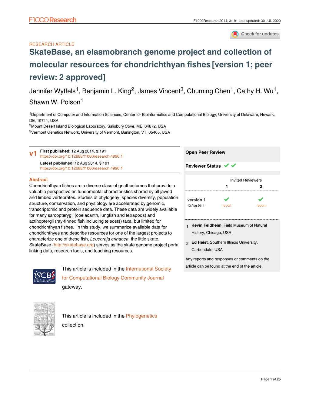 Skatebase, an Elasmobranch Genome Project and Collection of Molecular Resources for Chondrichthyan Fishes[Version 1; Peer Review