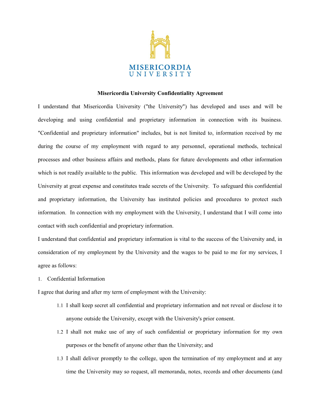 Misericordia University Confidentiality Agreement