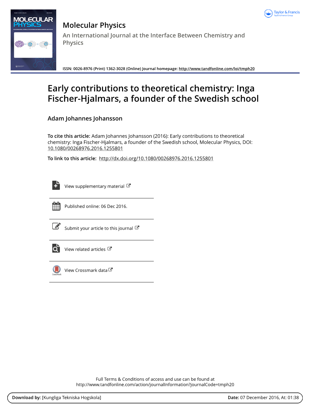 Early Contributions to Theoretical Chemistry: Inga Fischer-Hjalmars, a Founder of the Swedish School