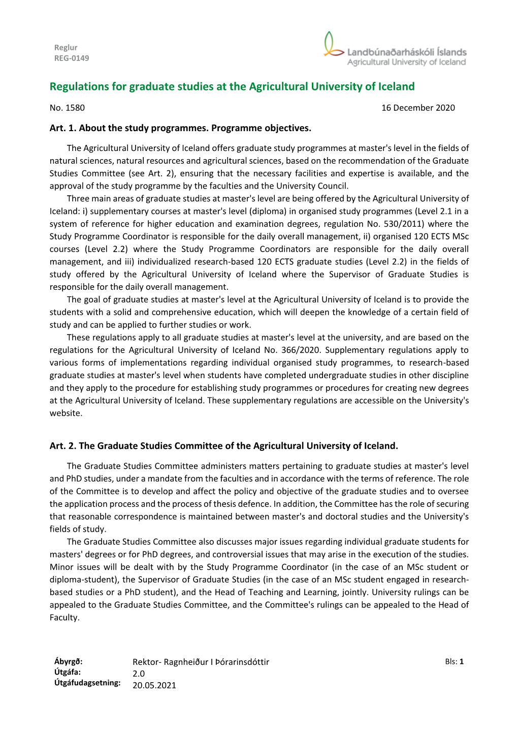 Regulations for Graduate Studies at the Agricultural University of Iceland