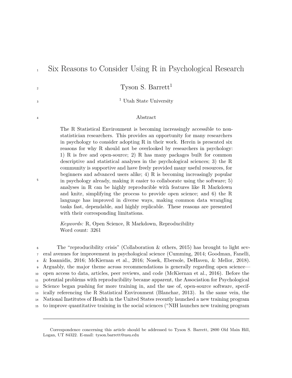 Six Reasons to Consider Using R in Psychological Research