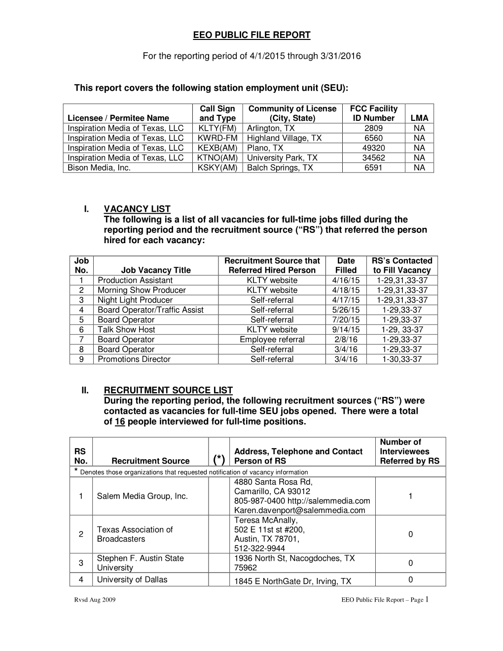 EEO PUBLIC FILE REPORT for the Reporting Period of 4/1/2015