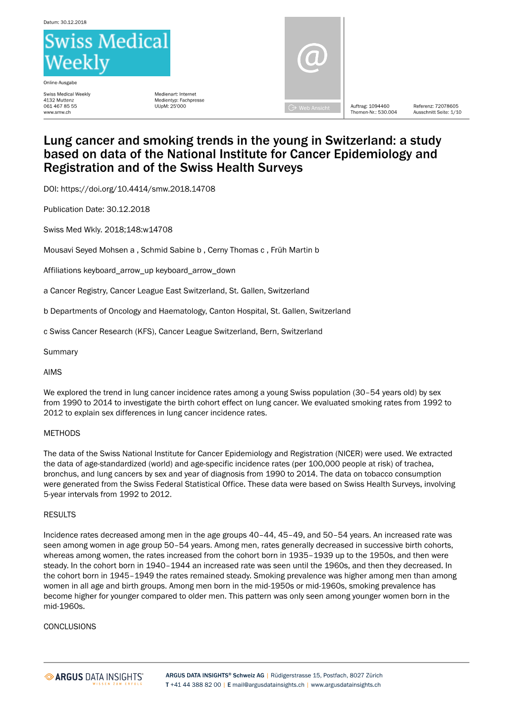 Lung Cancer and Smoking Trends in the Young in Switzerland: a Study