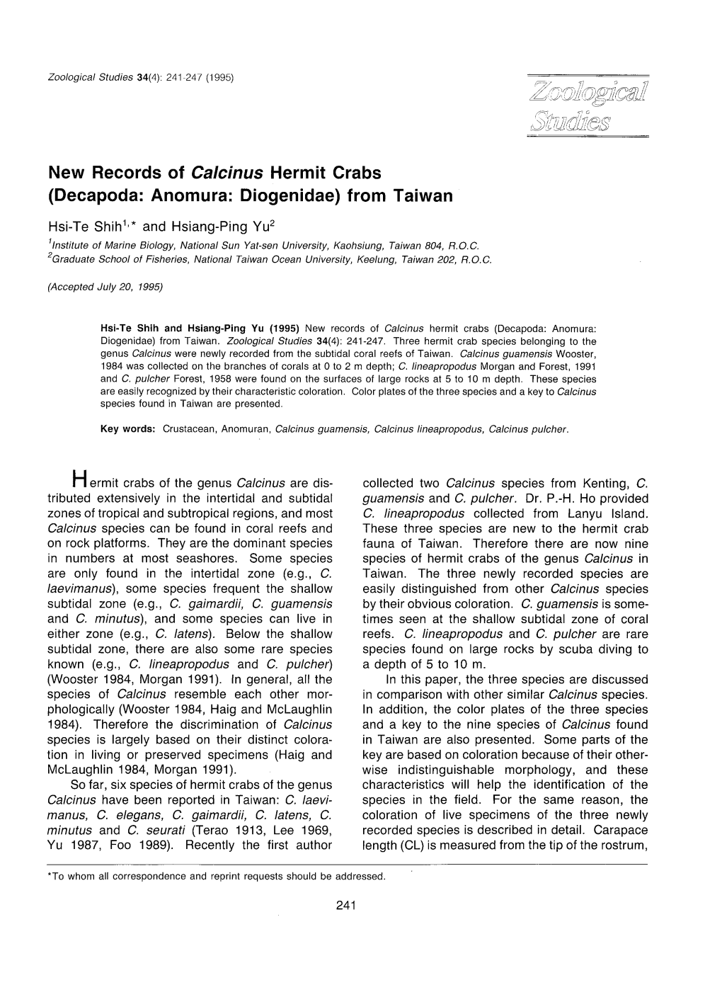 New Records of Calcinus Hermit Crabs (Decapoda: Anomura: Diogenidae) from Taiwan
