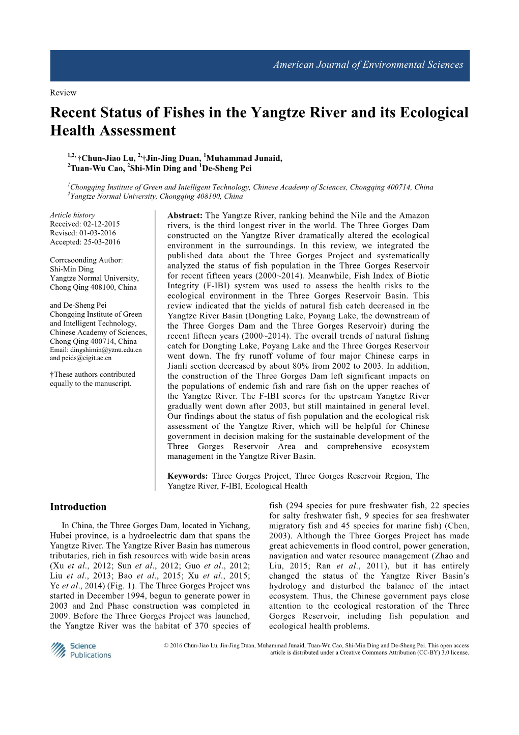 Recent Status of Fishes in the Yangtze River and Its Ecological Health Assessment