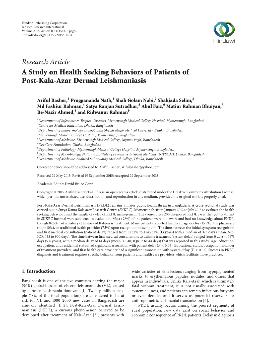 Research Article a Study on Health Seeking Behaviors of Patients of Post-Kala-Azar Dermal Leishmaniasis